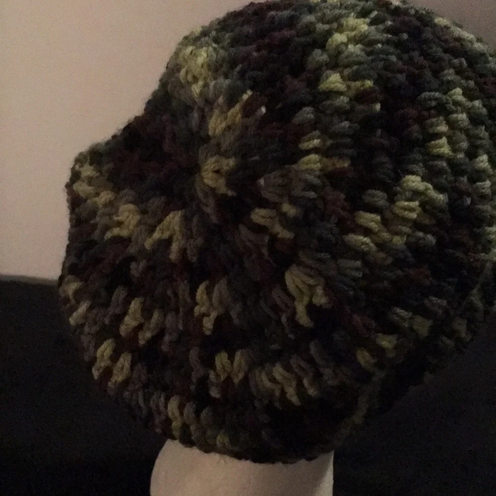 Crocheted camouflage look beanie dark green light green brown.